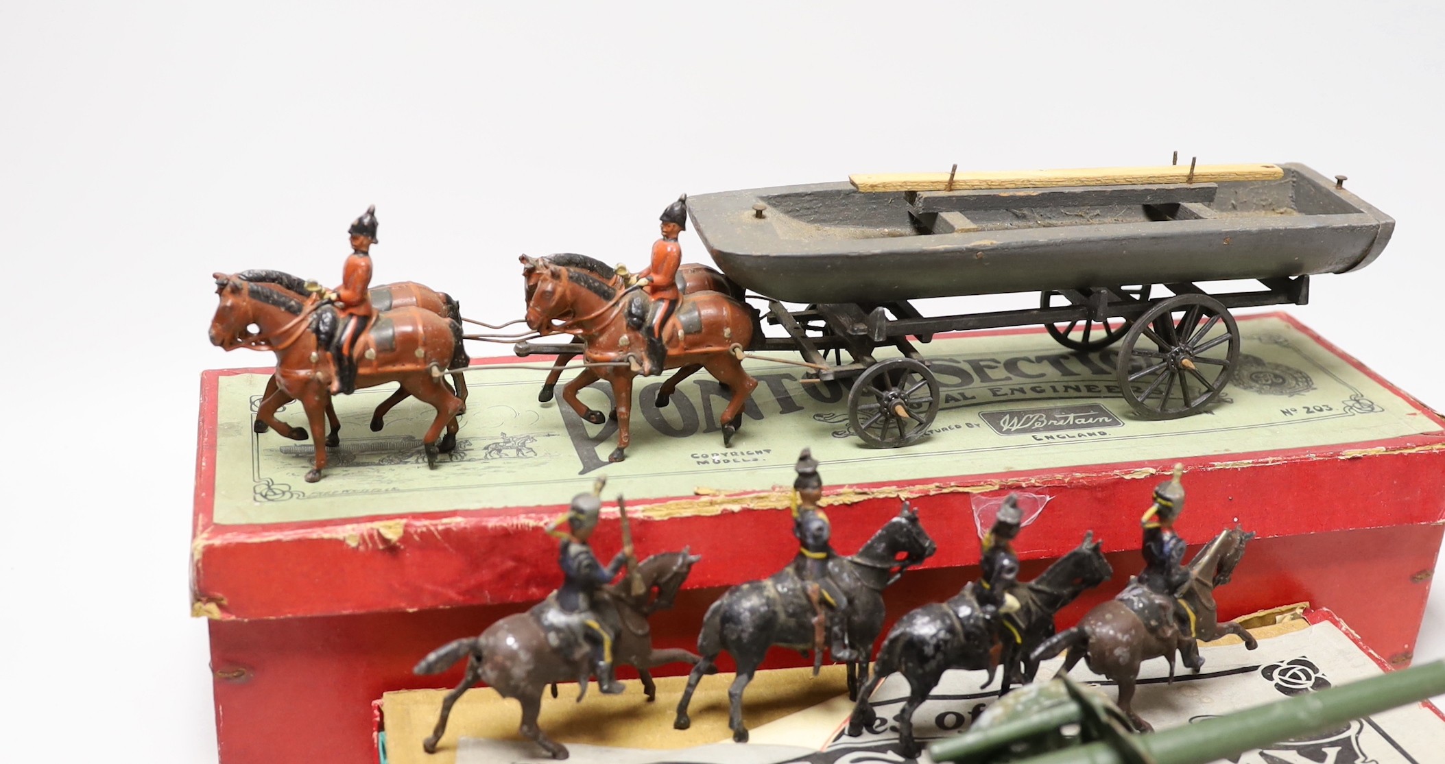 Britains set 203 Pontoon Section, 4.7 Naval Gun, both in original boxes, and cavalry now in set 460 box
